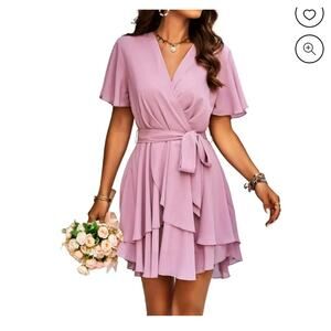 Kojooin Light Purple short dress, with Short Sleeve wrap V neck- Medium- NWT